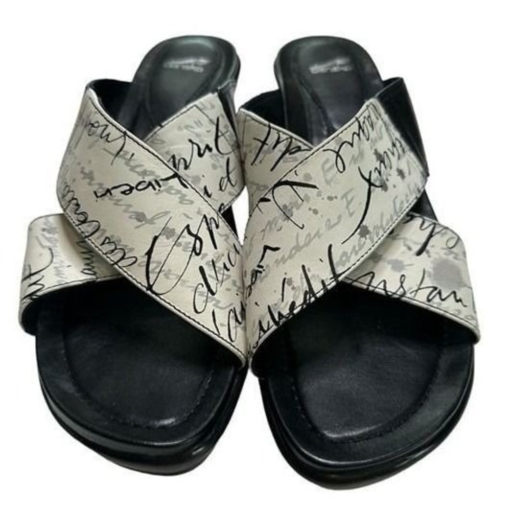 Dansko Women Script Print Wedge Sandals Black White Leather Cross Strap Slide 40 - Picture 2 of 9